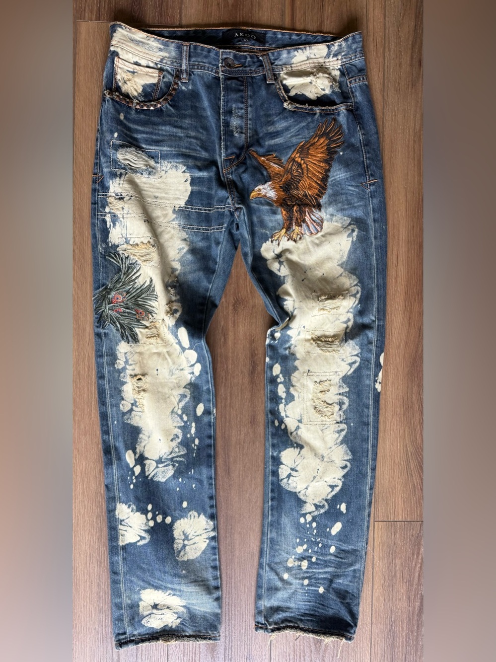 Akoo Jeans Size 34x32 Blue Jeans Distress Patches Embroiders Denim